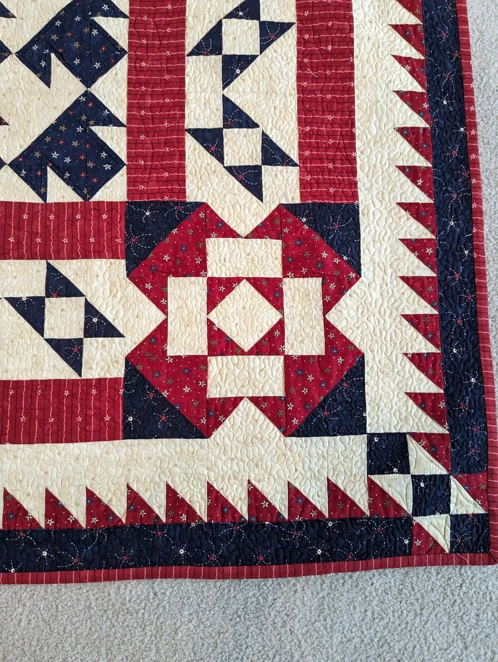 Patriotic Themed Quilt, Reds, Blues And Off-white Fabrics. Quilted And Signed